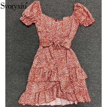 

Svoryxiu Runway Designer Summer Beach Holiday Ruffles Mini Dress Women's Puff Short Sleeve Print Red Short Dresses Vestdios