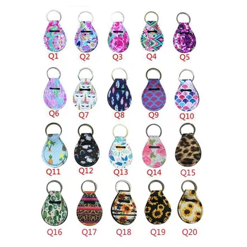 

50Pcs/Lot Coin Quarter Holders Keyring Chapstick Cover Cases Neoprene Keychain Floral Printed Lip Palm Holder with Metal Ring