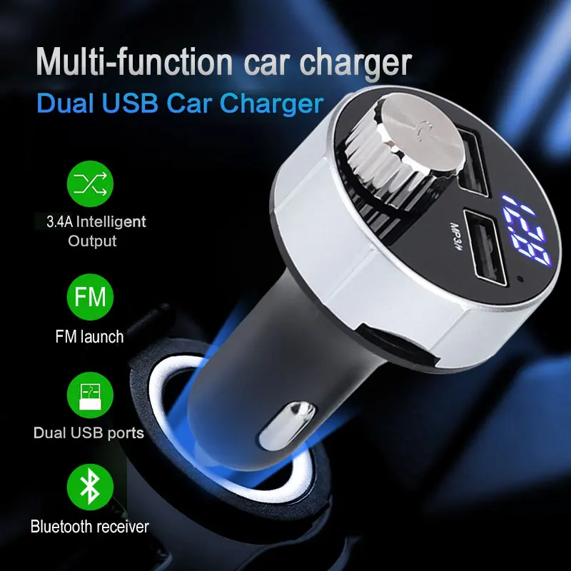 Автомобильное зарядное устройство с двумя usb-портами, fm-передатчик, Aux, Bluetooth, Смарт, громкая связь, вызов, mp3-плеер, многофункциональное воспроизведение TF, fm-передача