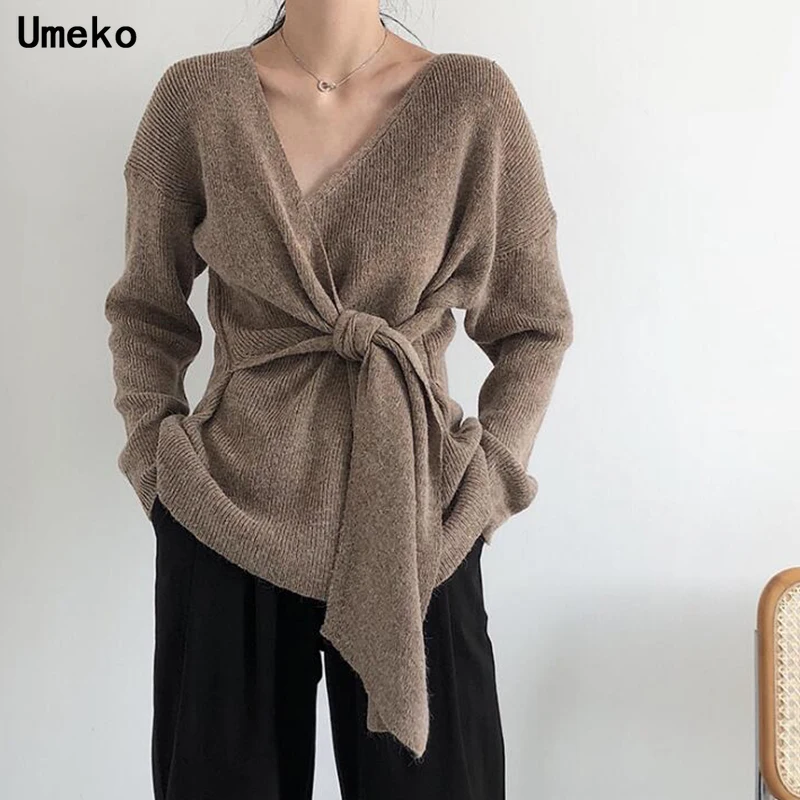 Umeko корейский галстук узел шикарный уютный свитер женский нерегулярный шеи с длинным рукавом вязаный пуловер свитер элегантные женские джемперы Топы