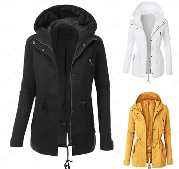 

Women's windbreaker Europe and America autumn and winter coat solid color drawstring slim hooded split mid-length jacket