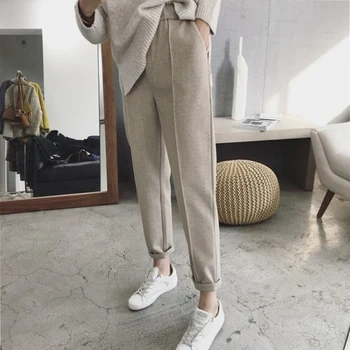 

Korean Winter Wool Pants women New High Slim Waist Belted Harem Elegant Trousers Female Autumn Warm Women's Long Pants