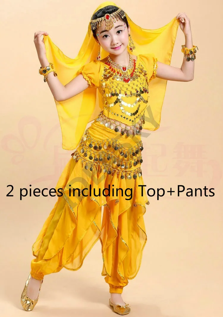 yellow 2pcs Арабский танец живота с блестками, профессиональный костюм для танца живота, детские костюмы, Детский костюм, комплект для взрослых и детей, топ, штаны - Цвет: yellow 2pcs