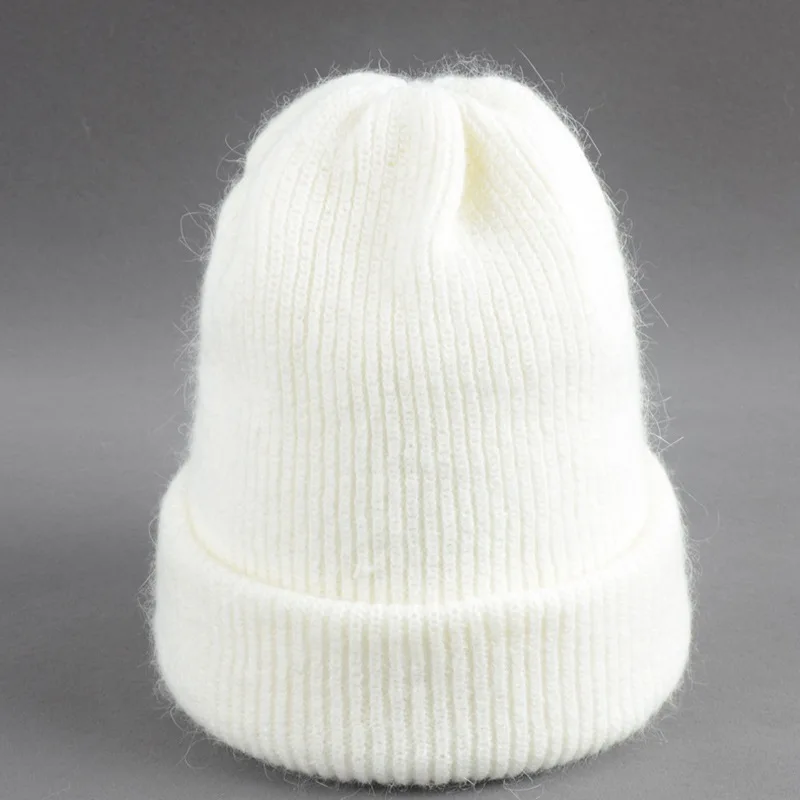 Двухслойная утолщенная вязаная шапка из кроличьей шерсти, белая осенне-зимняя шапка для женщин Skullies, кашемировые шапочки, теплая уличная одежда