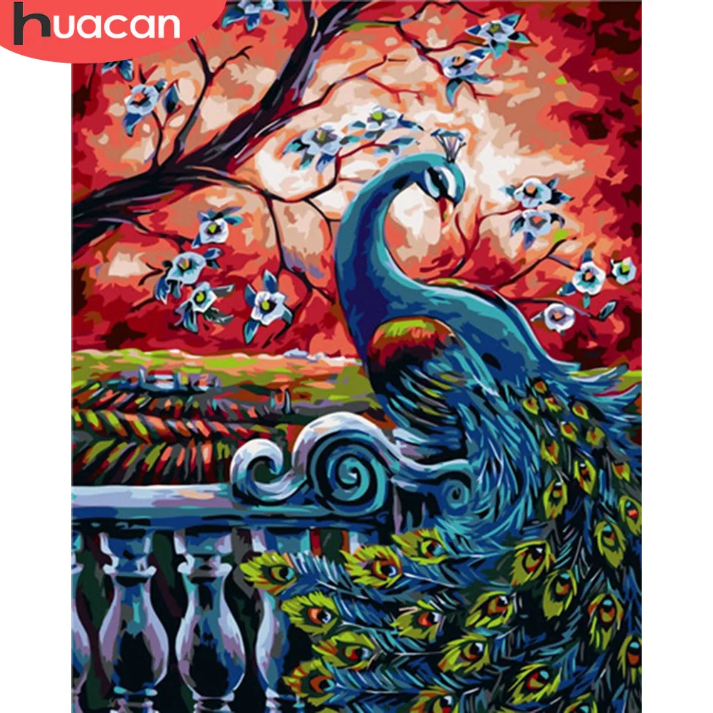 

HUACAN Oil Painting Peacock Animals HandPainted Kits Drawing Canvas Pictures By Numbers Home Decoration Flower DIY Gift