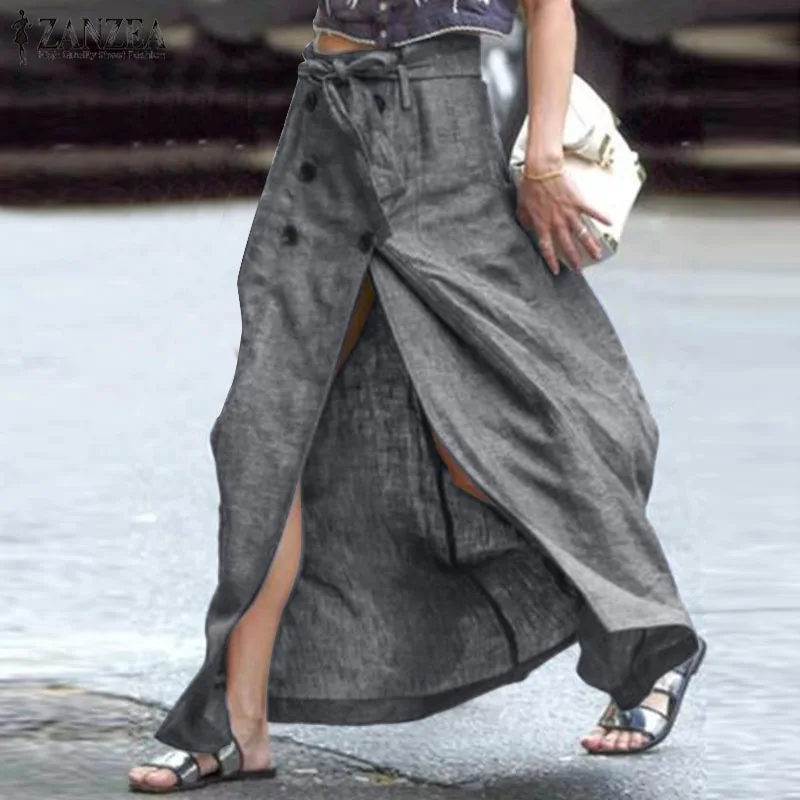 Элегантные макси платья ZANZEA женские юбки с разрезом модные на пуговицах Faldas Saia Женские однотонные Летние Повседневные платья размера плюс 5XL