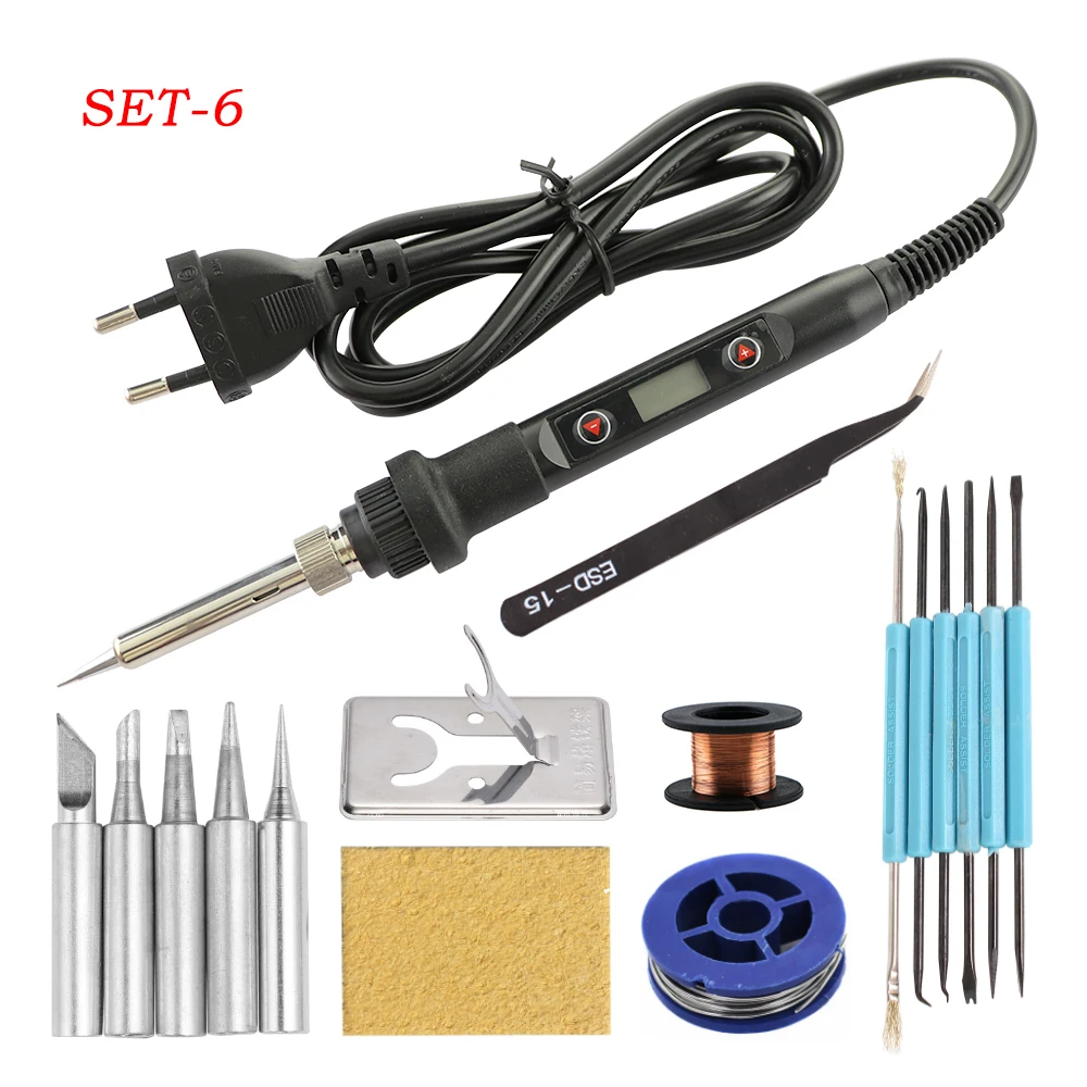 80W Soldering Iron LCD Digital Display Temperature Adjustable 220V EU Electric Solder Iron Set Welding Rework Station Repair Kit gas welding machine