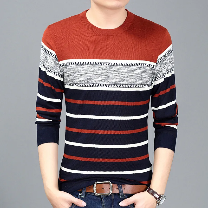 Мужская трикотажная одежда с круглым вырезом, мягкий облегающий свитер с круглым вырезом, контрастный цвет, в полоску, вязаный пуловер, свитер - Цвет: 5718Orange