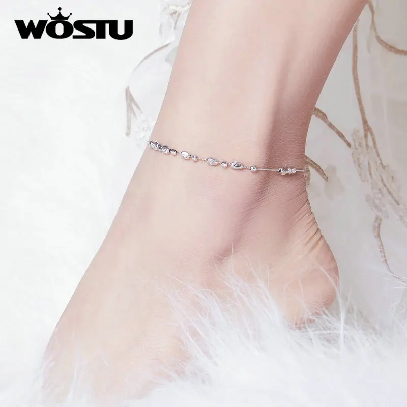 WOSTU Genuine 100% 925 Sterling Silver Anklet Little Ball Simple 26cm Anklet For Women Fashion Silver 925 Jewelry BKT010 WOSTU Genuine 100% 925 Sterling Silver Anklet Little Ball Simple 26cm Anklet For Women Fashion Silver 925 Jewelry BKT010