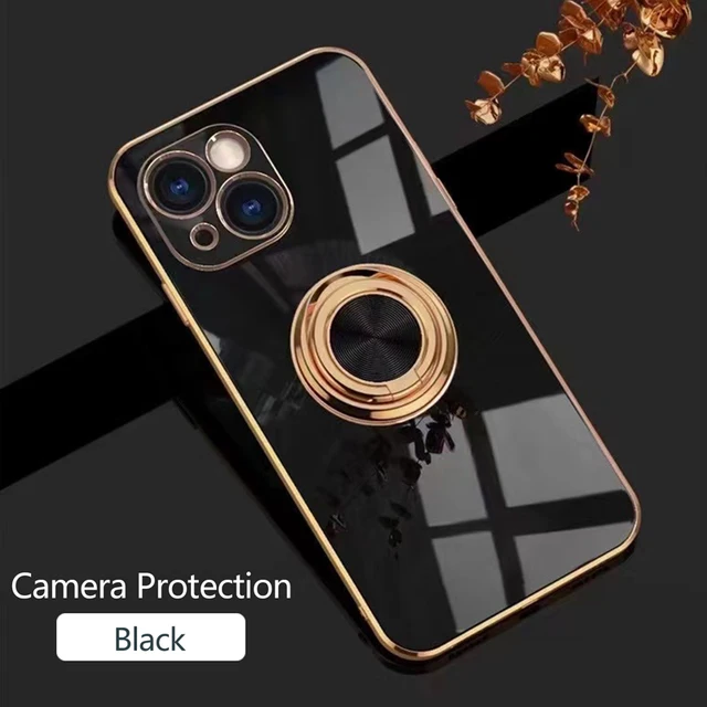 Luxury Plating Magnetic Attraction Ring Phone Case For iPhone 11 12 13 Pro Max Mini X XR 7 8 Plus SE2022 Soft Covers With Holder Black