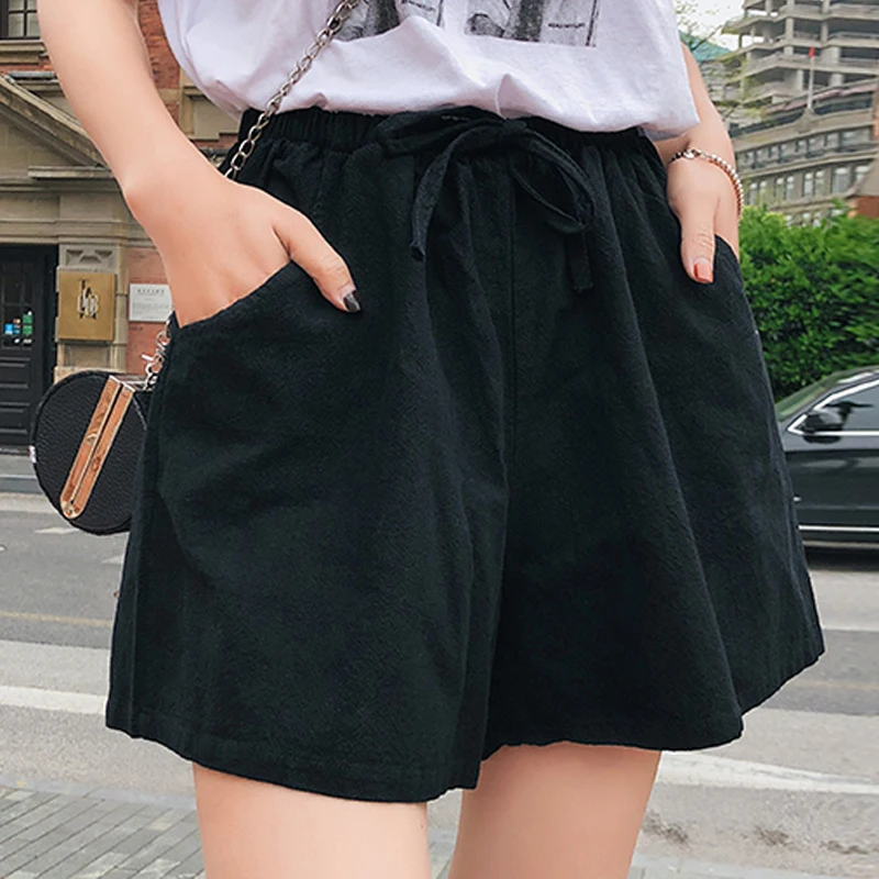 Новинка, летние женские спортивные повседневные шорты с высокой талией и широкими штанинами в Корейском стиле, большие размеры - Цвет: Черный