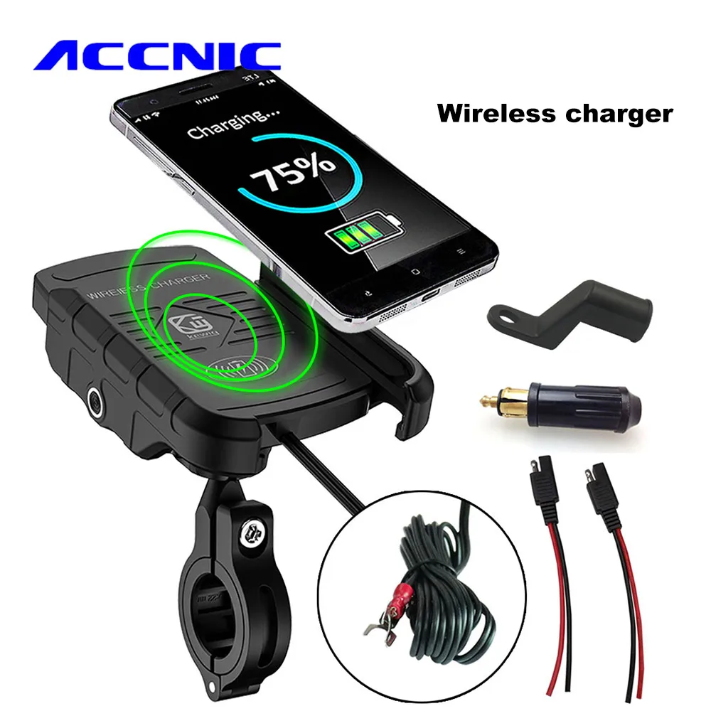 

ACCNIC DIN/SAE to USB Charger & Motorcycle Wireless Charger Phone Holder for samsung S10 S9 S8 iphone X XS 8 Wireless Charging