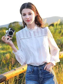 

White Chiffon Blouse French Niche Fashion 2020 Spring Lace Long Sleeve Blouse Elegant Leisure Womens Clothing New Temperament