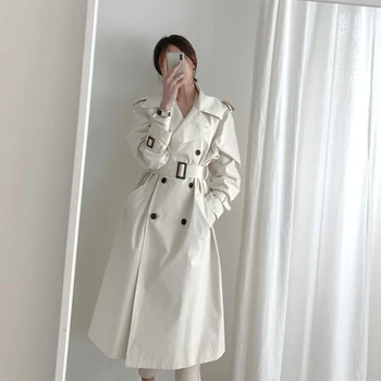 

Women's Double-Breasted Trench Coat with Belt Classical Lapel Collar Loose Long Windbreaker Russia style Chic Outwear