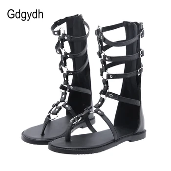 

Gdgydh Cross Tied Women Sandals Gladiator Flat Heel Adjust Buckle Summer Shoes Female Back Zipper Hollow Out Rome Bandage Sexy