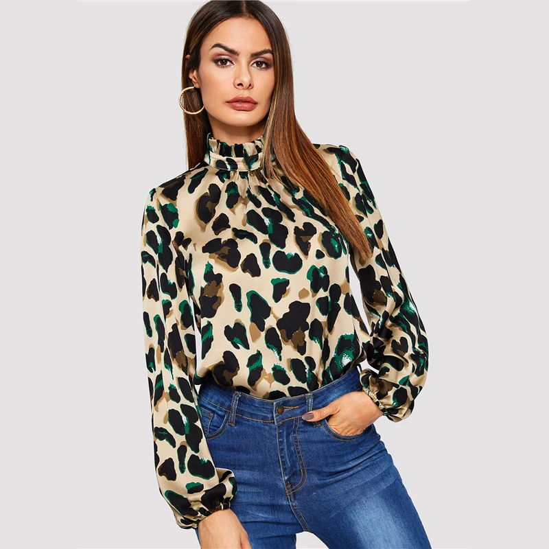 COLROVIE Женская леопардовая блуза с рукавом-стойкой и оборкой на шее, осень, топы с длинным рукавом и стоячим воротником, Повседневная элегантная женская блузка