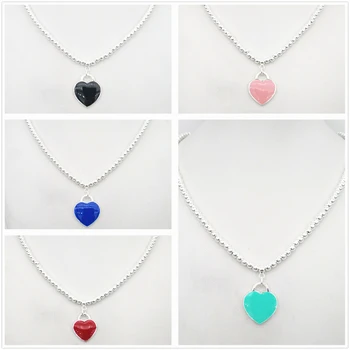 

Exclusive classic blue enamel heart-shaped silver color card ms 4 mm round bead necklace jewelry, holiday gifts