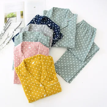 

Couple Pajamas Suit Cotton Gauze Sleepwear Nightwear Spring Autumn New Lovers Kimono Bathrobe Gown Casual Home Clothes Suit