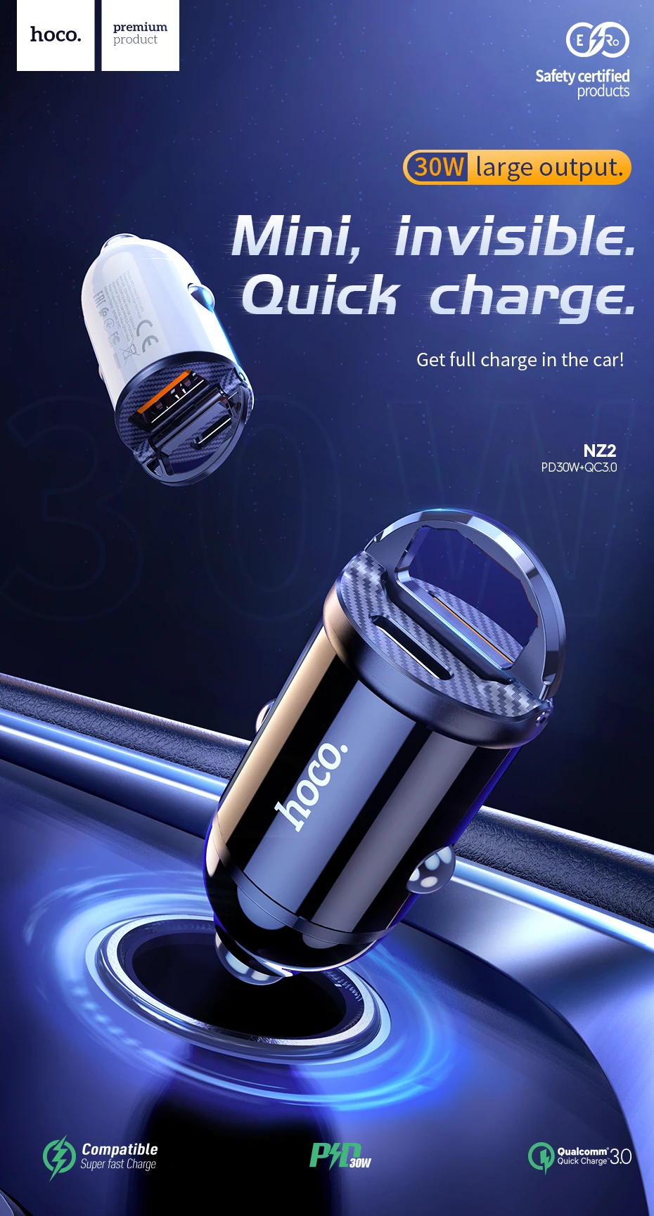 HOCO USB Car Charger PD 30W Fast Charging QC4.0 3.0 Supercharge FCP For iPhone 12 Pro Max PD Type C Charger PD 4.8A Car Charger auto usb charger