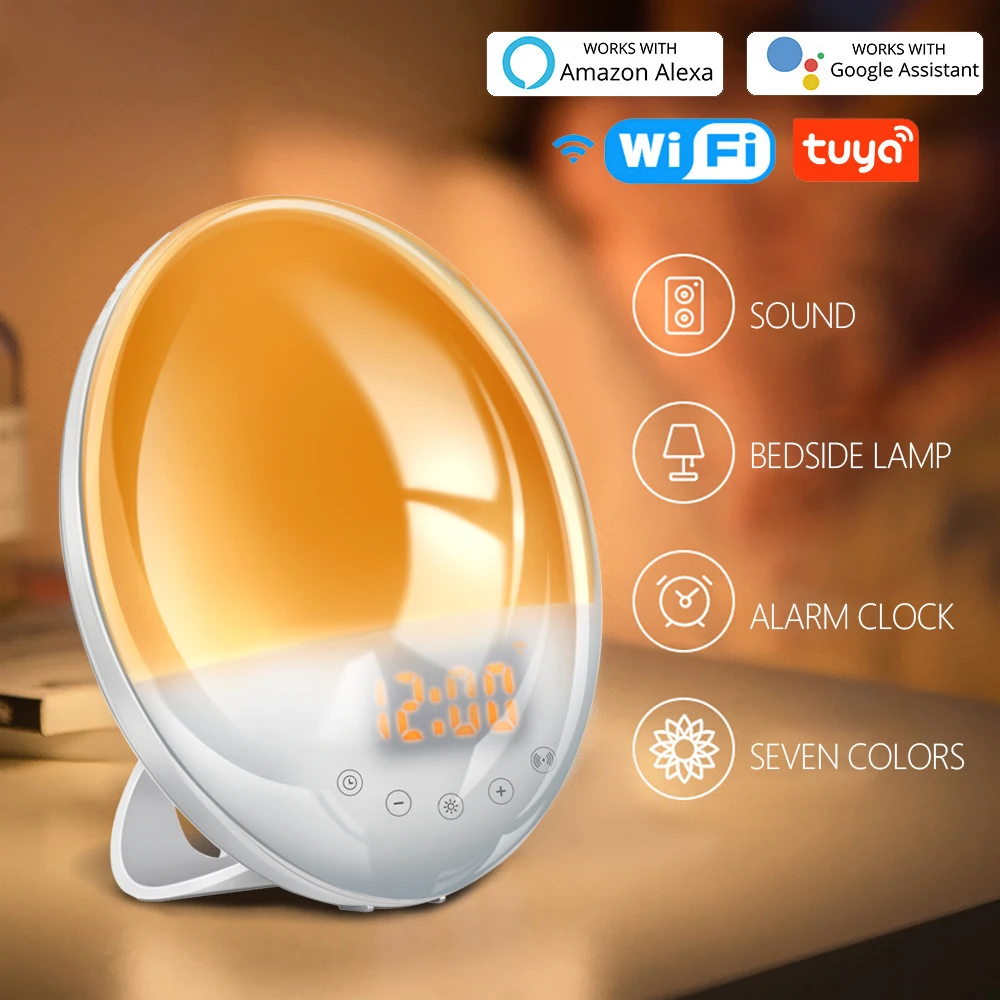 Despertador con luz de amanecer, reloj despertador inteligente con WiFi, 7 colores, Radio FM, reloj con luz nocturna Digital para Alexa y Google Home