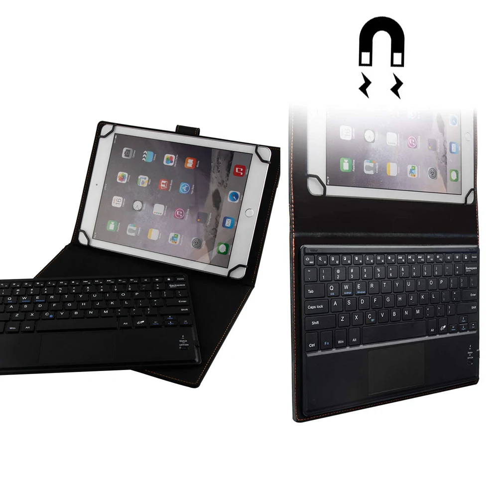 

Universal 4 Angles Strapped Tablet Leather Case with Kickstand LED Bluetooth Touchpad Keyboard Set for Lenovo Huawei Samsung LG