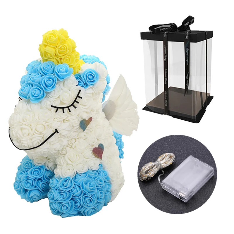 light blue with LED Горячая Распродажа, 5 стилей, милые розы, единорог, светодиодный, в подарочной коробке, искусственные игрушечные цветы, Единорог для рождественского подарка, Прямая поставка - Цвет: light blue with LED