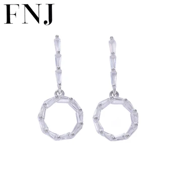 

FNJ Round Hanging Earrings 925 Silver Jewelry Original Pure S925 Sterling Silver Stud Earring for Women Cubic Zircon