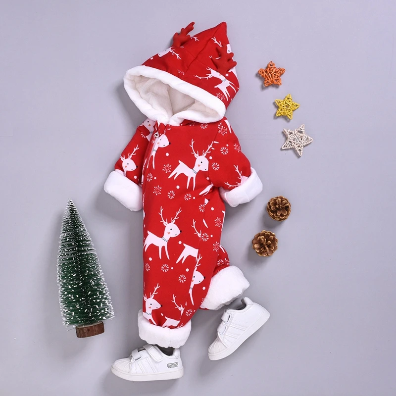 Рождественский комбинезон для новорожденных мальчиков и девочек; зимний плотный теплый комбинезон с длинными рукавами и рисунком оленя; Рождественская одежда с героями мультфильмов