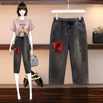 

Jeans Woman High Waist Plus Size Loose Black Letter Embroidery Floral Applique Pocket Summer Mom Jeans Denim Calf-Length Pants