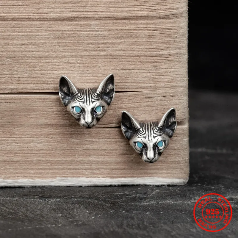 MKENDN Blue Eyes Sphynx Cat Meditate Yoga Stud Earrings For Men Women Sterling Silver 925 Ear Studs Bijoux Anti-allergy Jewelry