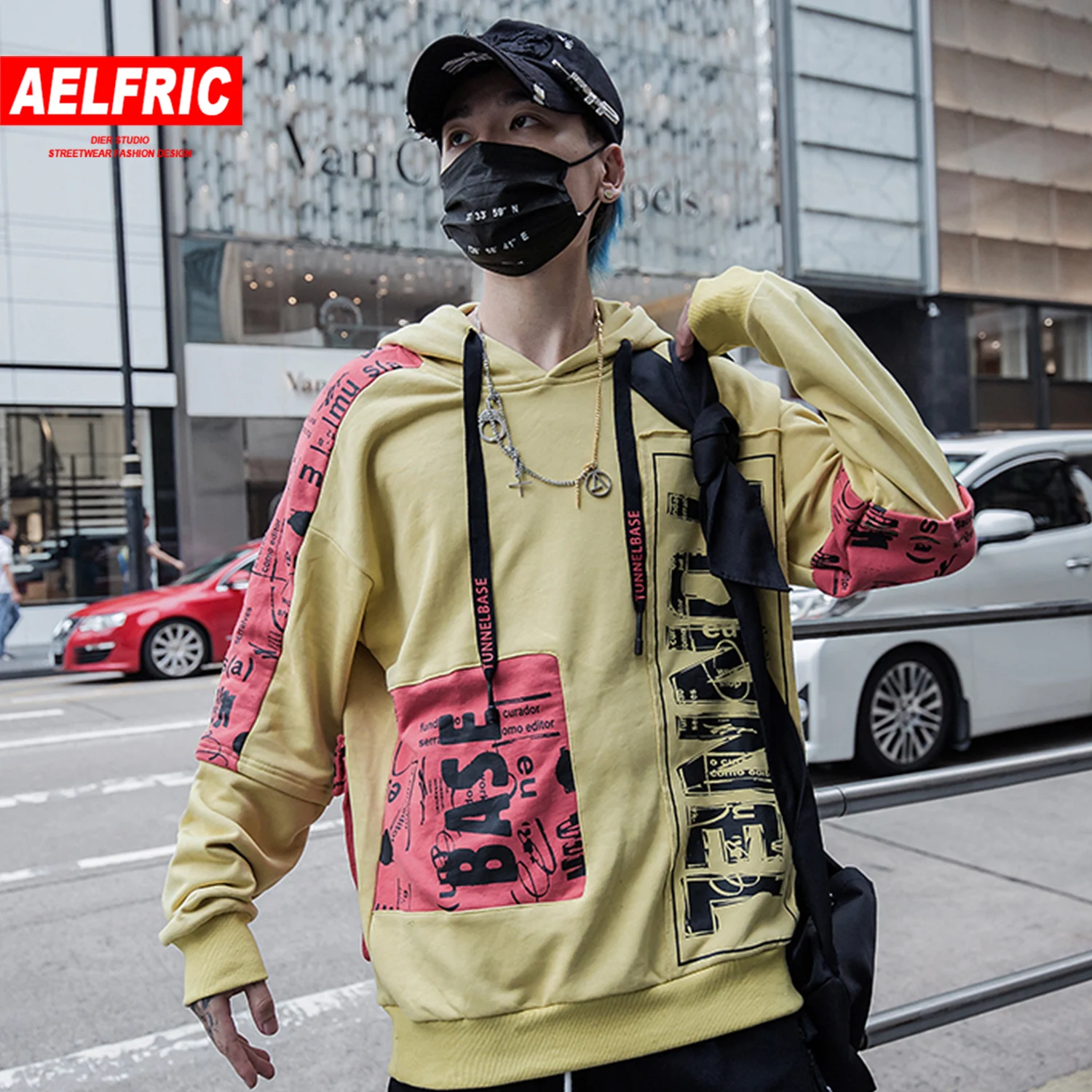 AELFRIC с буквенным принтом Лоскутные мужские толстовки с капюшоном Harajuku Уличная Повседневная хлопковая толстовка модные негабаритные с длинным рукавом