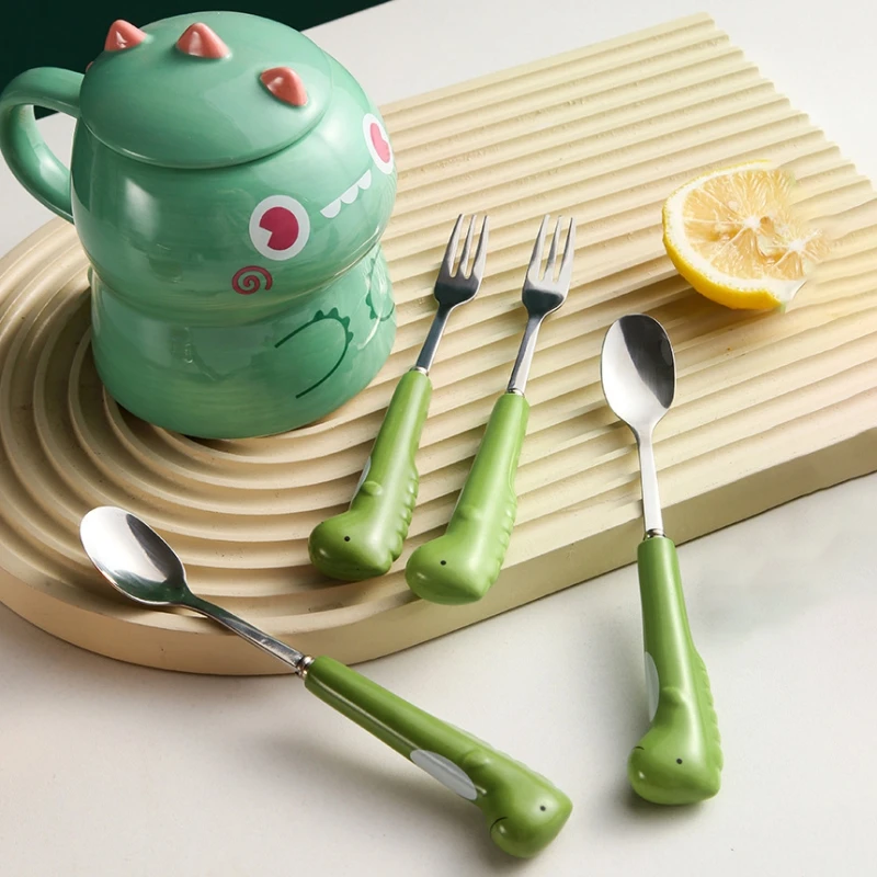 

Colher de sobremesa e café de aço inoxidável, utensílios de dinossauro com alça, talheres de chá e frutas, garfo com