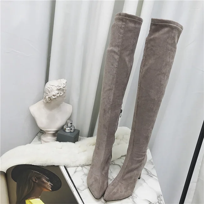 Boussac/эластичные облегающие ботфорты из искусственной замши; женские пикантные ботфорты с острым носком; зимняя женская обувь на высоком каблуке; SWE0677