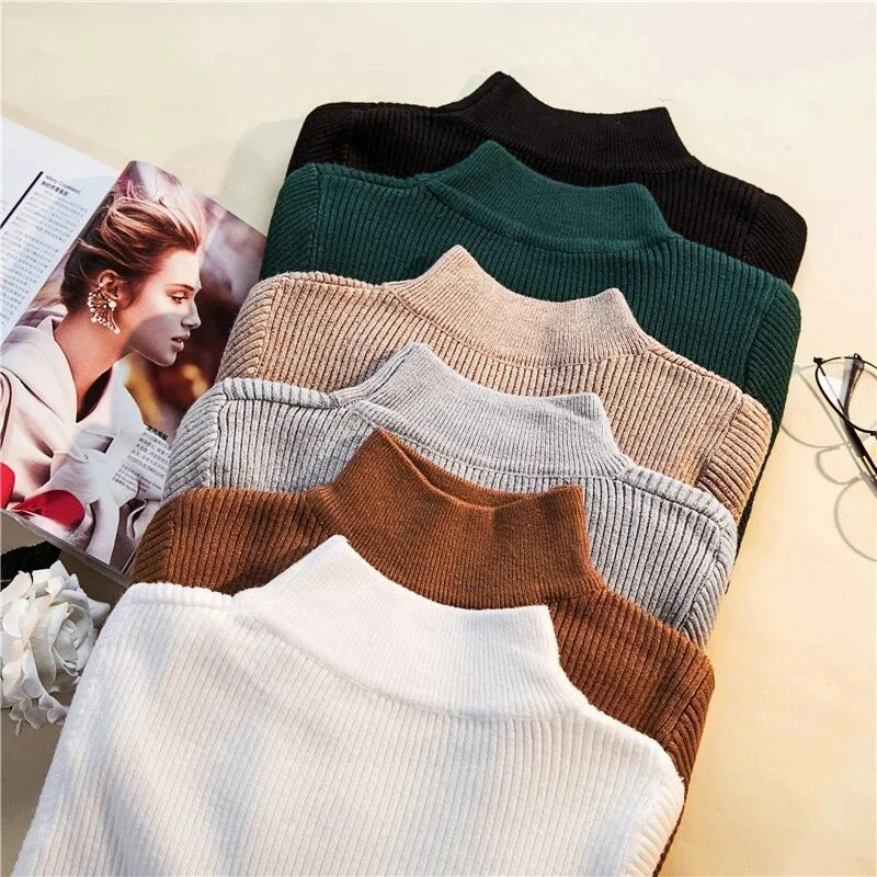 

2019 Autumn Winter Women Pullovers Sweater Knitted Elasticity Casual Jumper Fashion Slim Turtleneck Warm Female Sweaters
