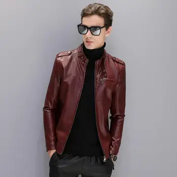 

Good Quality 2018 Autumn And Winter New Men 'S Pu Stand Collar Slim Jacket