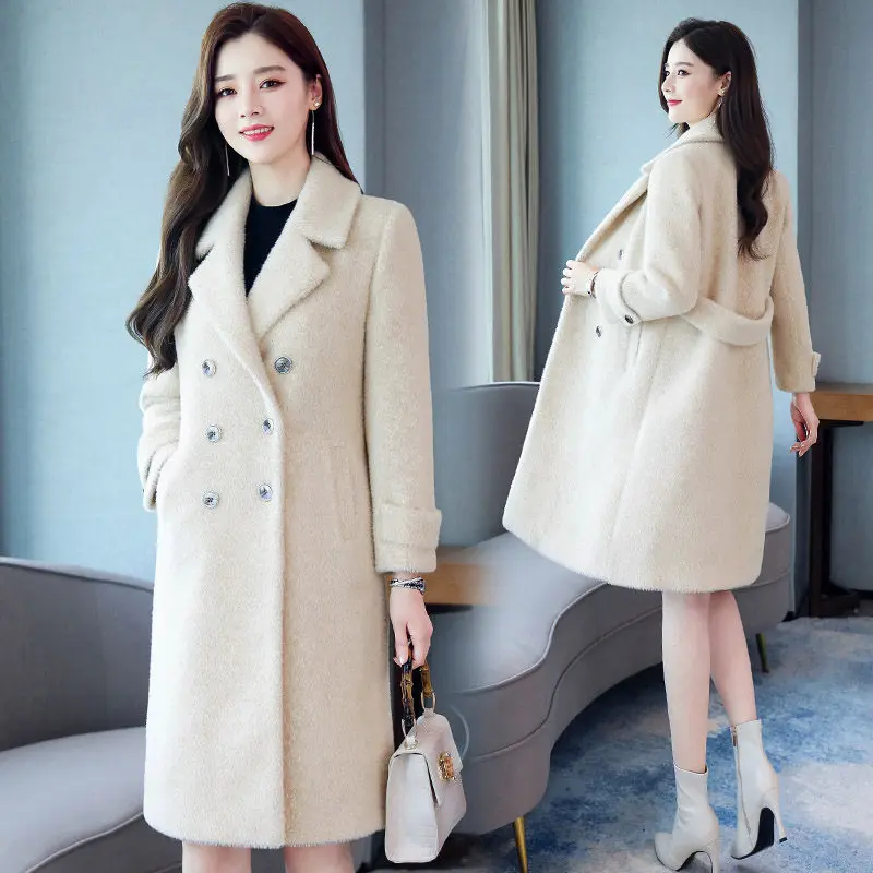 beige Осень-зима шерстяное Женское пальто Новая двухсторонняя елочкой утолщенная теплая куртка ветровка, длинное пальто 2231 - Цвет: beige