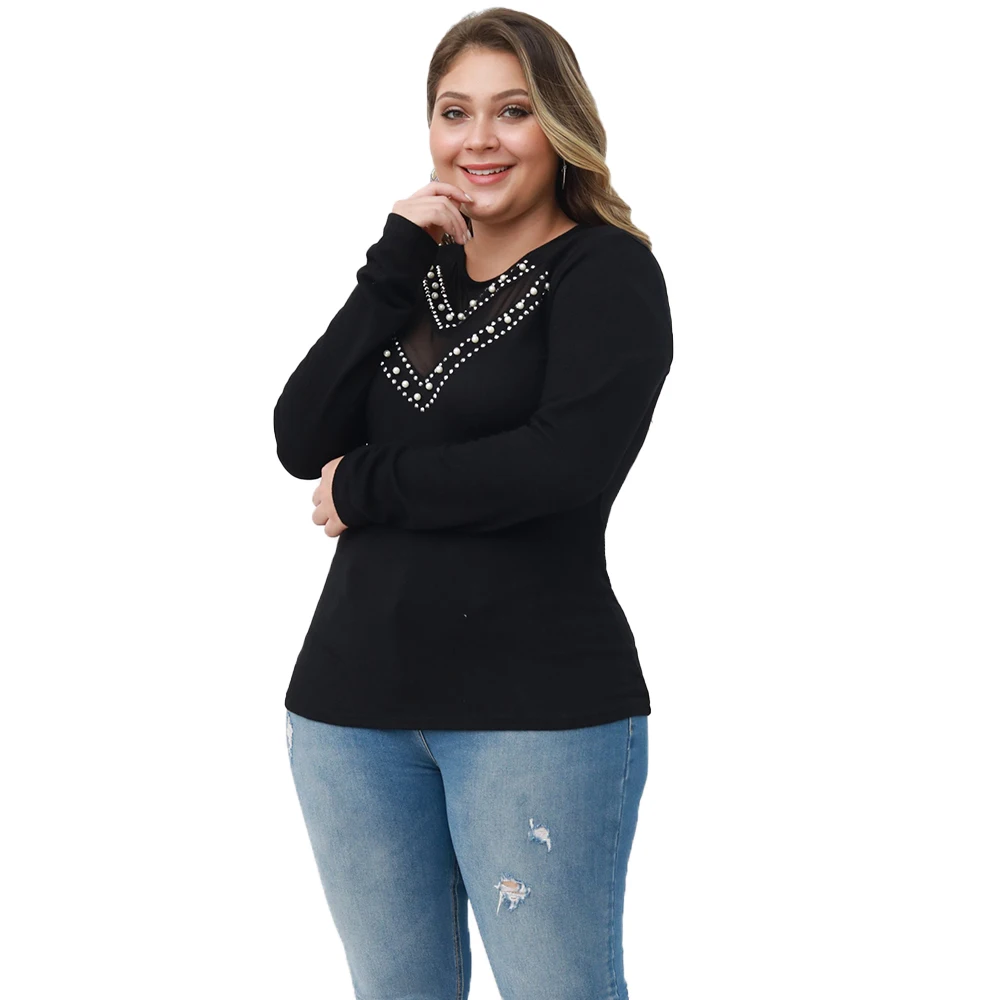 Günstig Plus Größe Frauen Grundlegende Top L 6XL Schwarz Perlen T Shirt Frauen Elegante Schlanke T shirt Femme Langarm t shirt Strick mujer D30