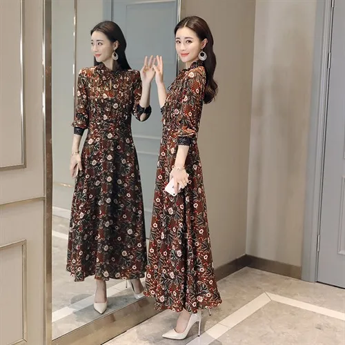 

2018 Spring New Style WOMEN'S Dress Floral-Print Korean-style Chiffon Commuting Printed Long Sleeve Long Skirts Dress