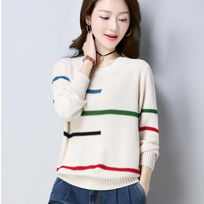 

2020 Winter Loose Soft Thicken Striped Sweater Kintted Pullover Women Outswear O Neck Long Sleeve Casual Woman Femme Chandails
