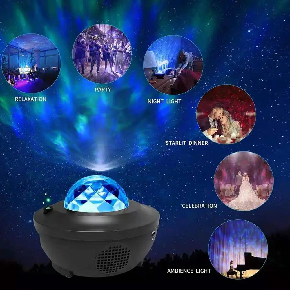 Светодиодный Bluetooth музыкальный Звездный проэктор лампа 10 Mdes Usb кабель голос Управление лазерный светильник Звездное воды узор пламени