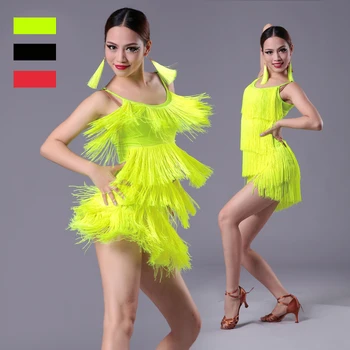 

Girls Women Modern Ballroom Latin Dance Dress Tassel Fringe Salsa Tango Dance Costume Sexy Red Black Performance Stage Wear