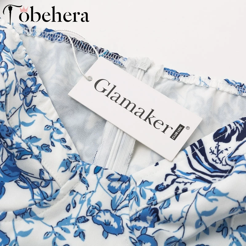 Glamaker, синее платье с цветочным принтом, Женское зимнее короткое элегантное платье, женское сексуальное Пышное облегающее мини-платье с длинным рукавом, новинка, вечерние платья