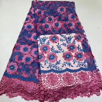 

Pink/Blue African Guipure Lace Fabric Water Soluble Cord Lace Stones 2019 High Quality Embroidered Nigerian Swiss Voile Lace