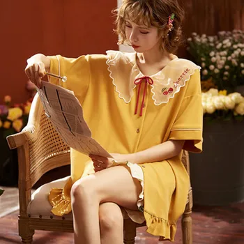

New Pajama women's summer cotton short sleeve college style home clothes set sweet lovely girl solid color suit can wear pajamas