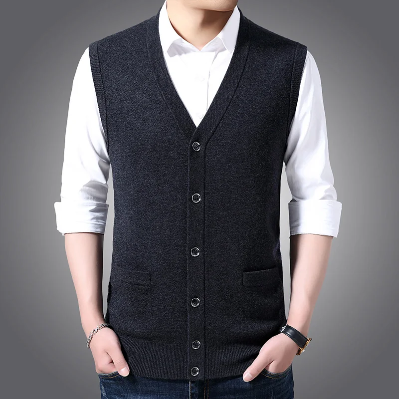 Шерсть, модные свитера, мужской кардиган с v-образным вырезом, жилет, приталенные вязаные Джемперы, без рукавов, зимний Корейский стиль, повседневная мужская одежда - Цвет: Темно-серый