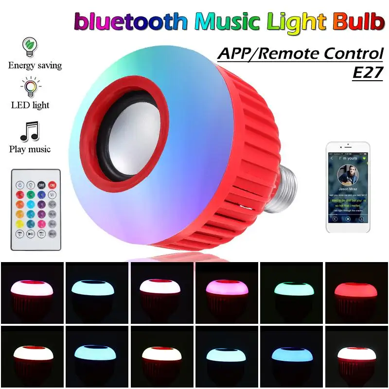 Профессиональный E27 RGB беспроводной bluetooth динамик светодиодный светильник 12 Вт Музыка Воспроизведение Диммируемый светодиодный светильник с 24 клавишами дистанционного управления