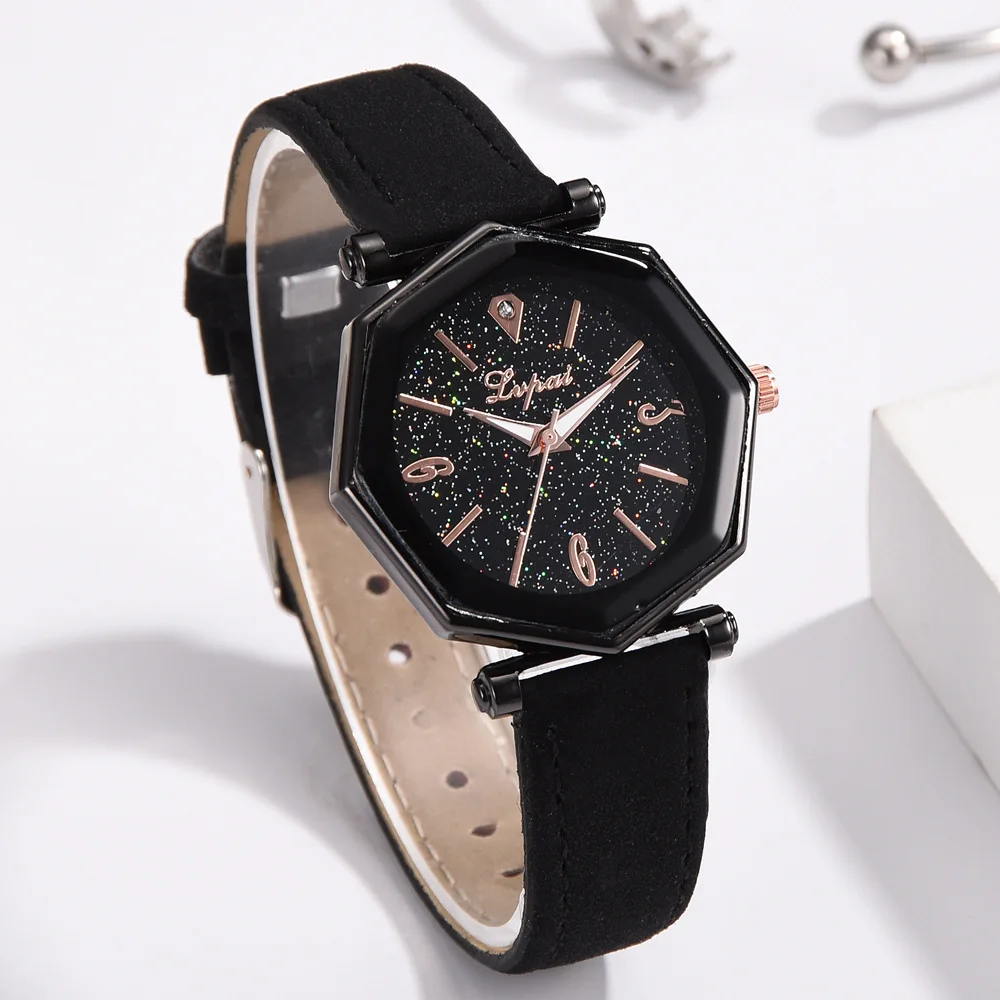 

Lady Watch Leather Woman Clock Starry Sky Rhinestone Analog Case Diamond Luminous Quartz Small Wristwatch Free Shipping Mulher