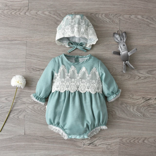Spanish Baby Girl Romper With Hats Summer Newborn Lace Rompers Toddler Clothes Cute Baby Bodysuit Short Sleeve Infant Jumpsuit Long sleeve green