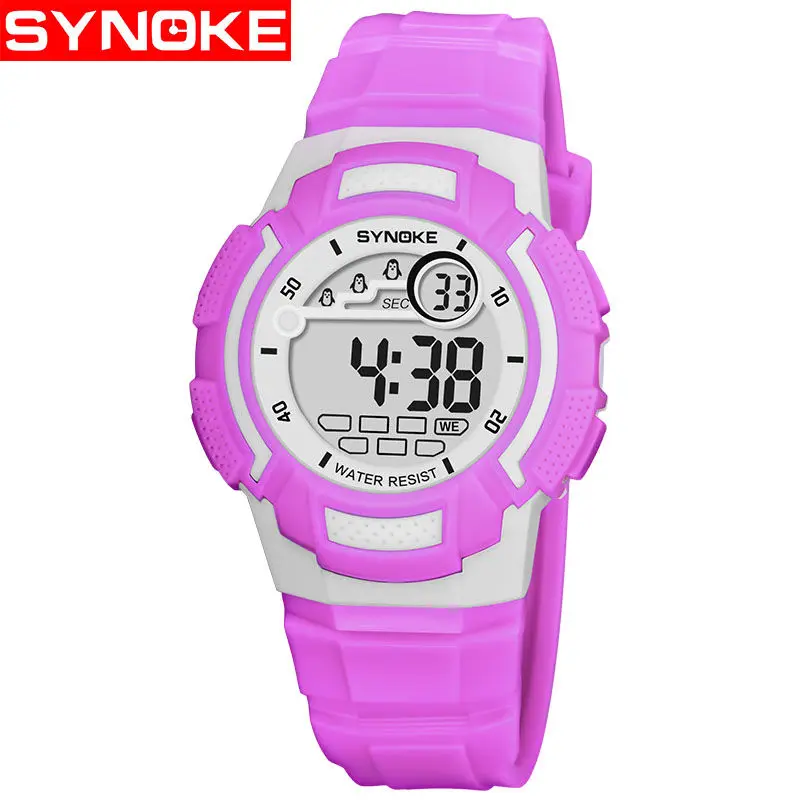 SYNOKE спортивные детские часы для мальчиков и девочек, модные светодиодный цифровые часы для детей, 3M водонепроницаемые наручные часы, часы с датой и неделей - Цвет: purple 2