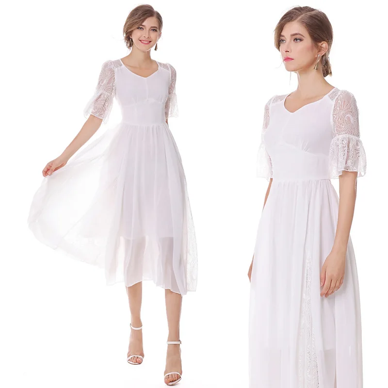 

6301 # Shallow Retro Elegant Big Skirt Holiday Lace Joint White Fairy Long Skirts